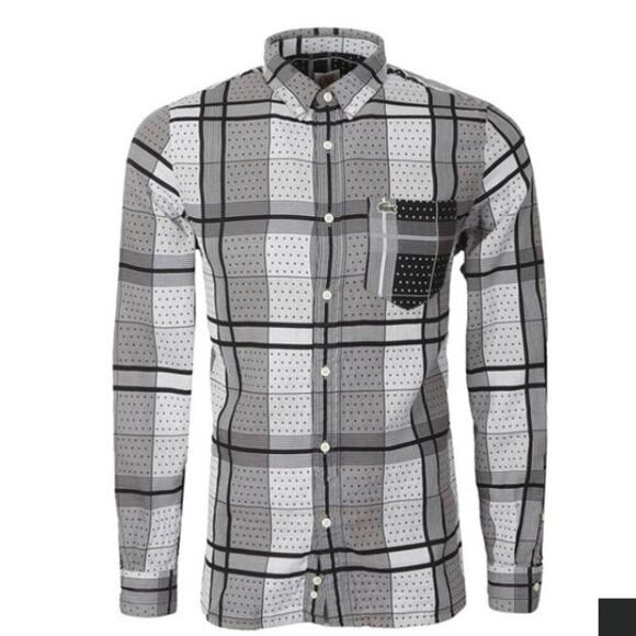 Lacoste Live Mens Sz S Double Cloth Pacthwork Textured Plaid Dress Shirt Cotton - Picture 1 of 16